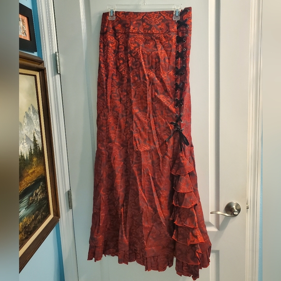 Red Vintage Ruffled Christmas Gotchic Victorian Long Fishtail Skirt Size 10 - Picture 4 of 13